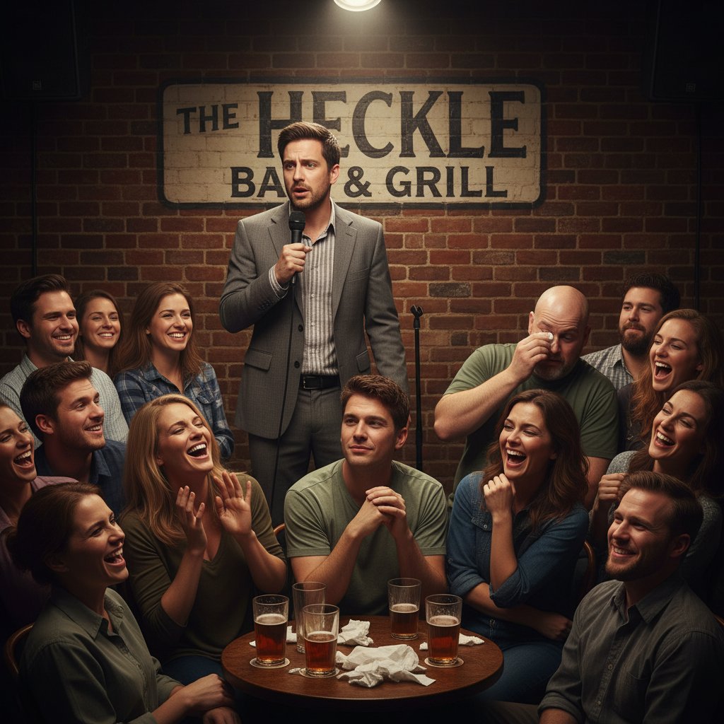 Audience laughing awkwardly at a stand-up show, 16:9