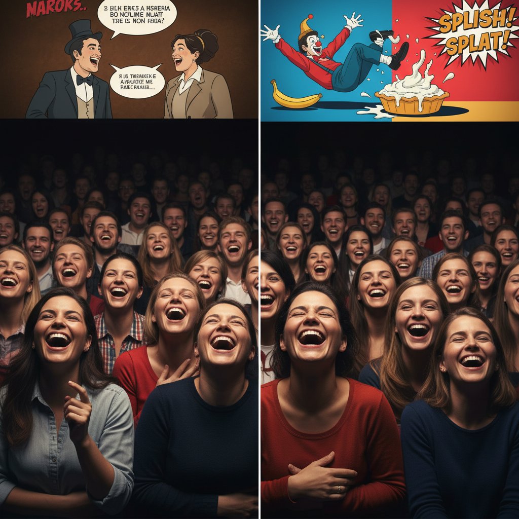 Audience split-screen showing one side laughing at clever movie dialogue, the other at slapstick fall, vivid reactions
