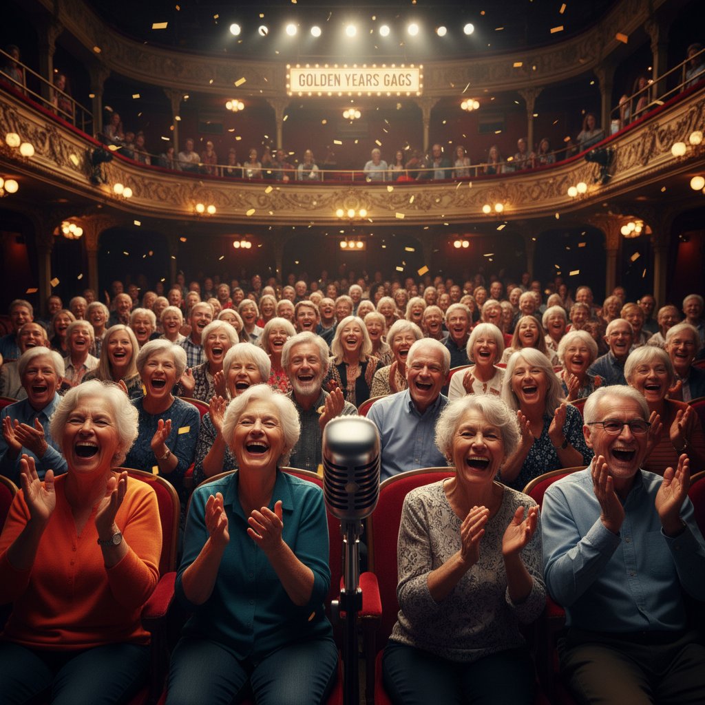 Audience mid-laughter in flickering light, diverse faces surprised and moved by golden years comedy