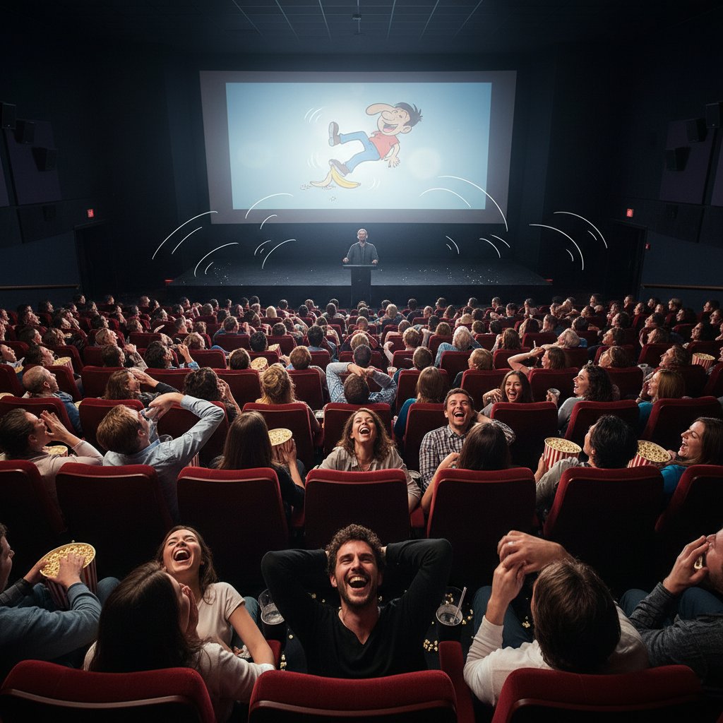 Audience reacting with mixed laughter and silence at a comedy screening