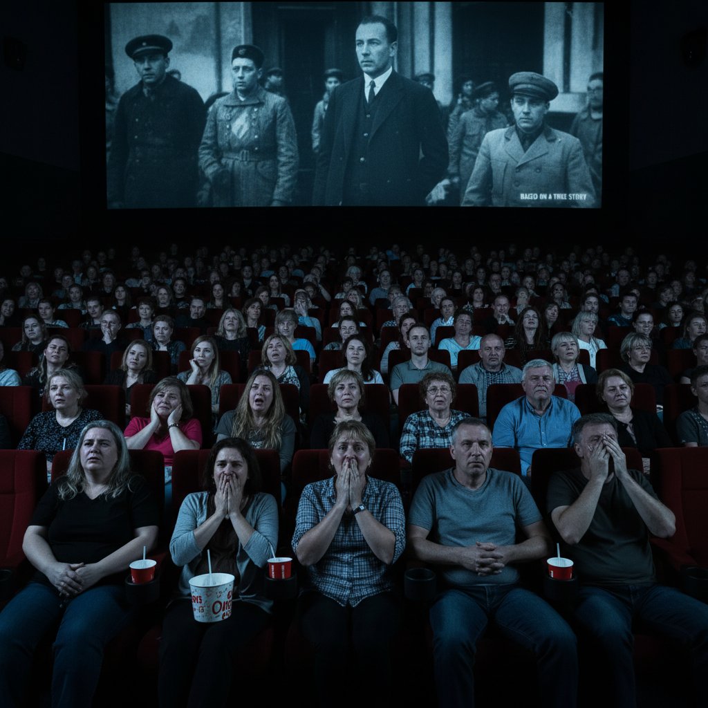 Audience transfixed by a true story movie in a dim cinema, capturing the psychological impact of movie true story cinema