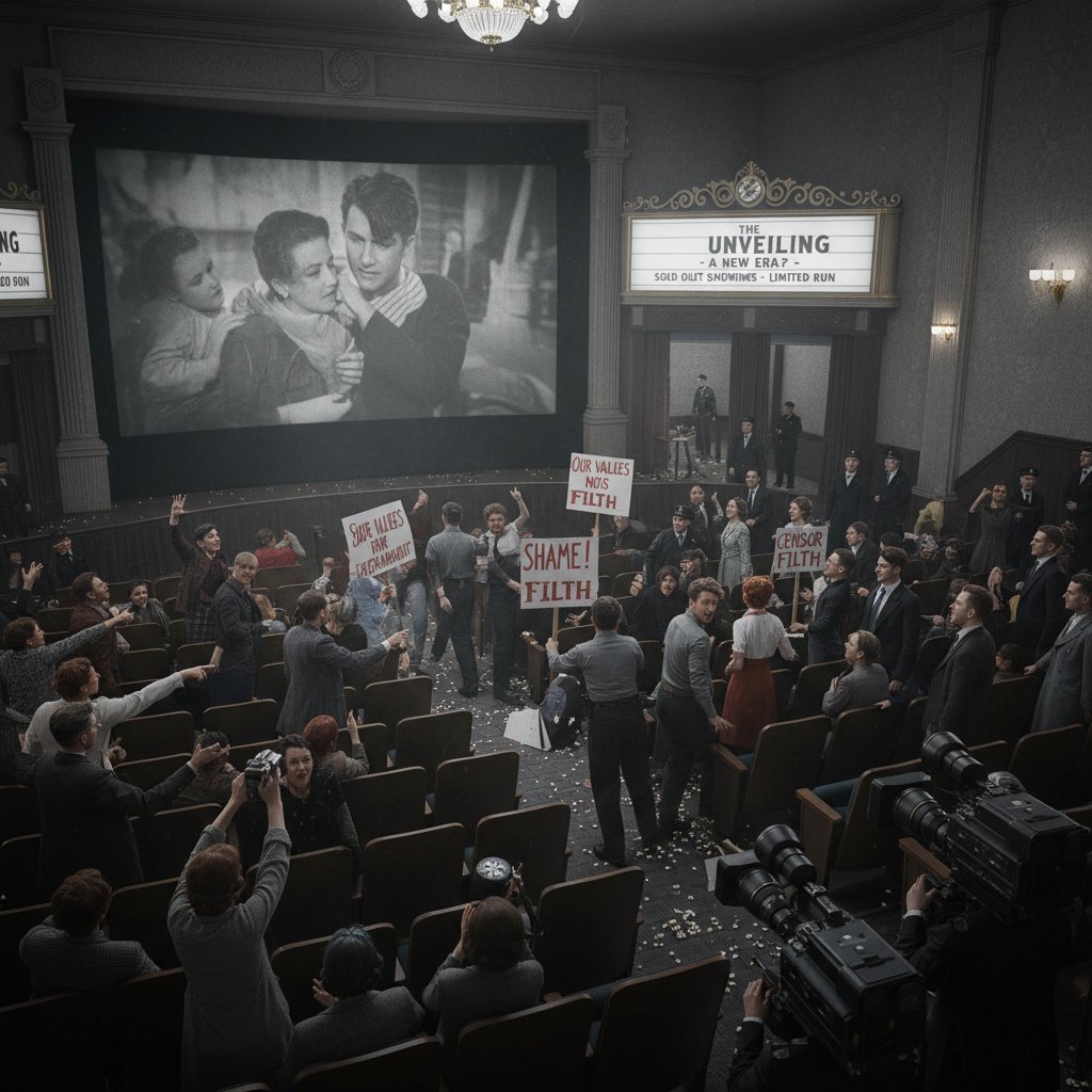 Audience reacting to a film that sparked social debate, protesters outside a cinema with placards referencing controversial film