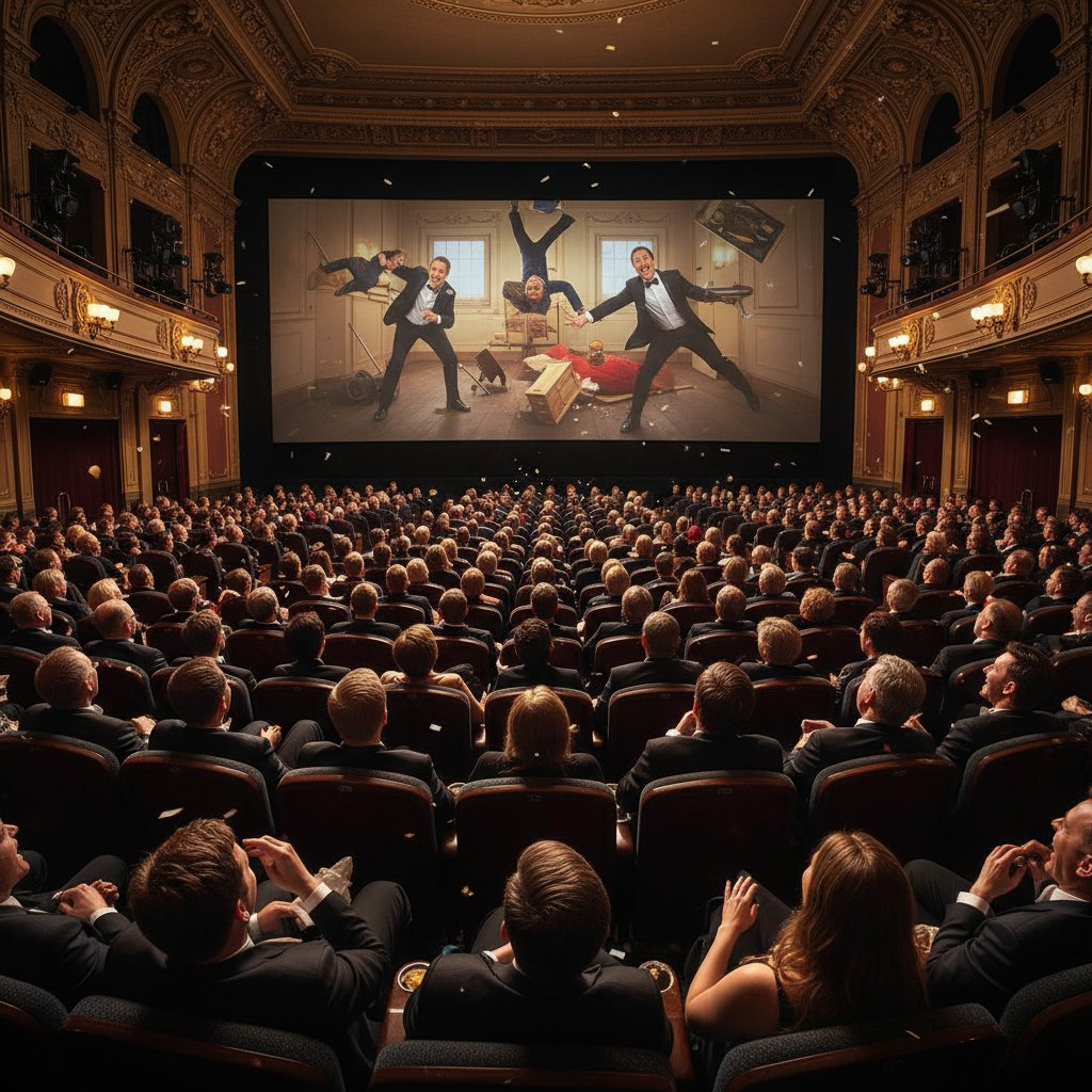 Audience reacting to movie bloopers, movie premiere crowd laughing at blooper reel