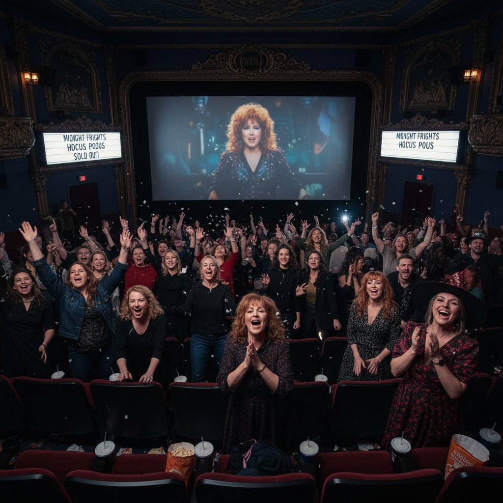Stylized shot of a raucous audience at a camp movie screening, capturing the cult following of Bette Midler movies at midnight events