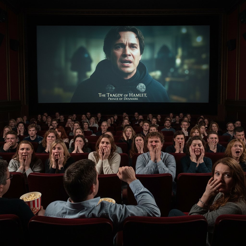 Audience laughing and reacting to an intense scene from a Shakespeare movie