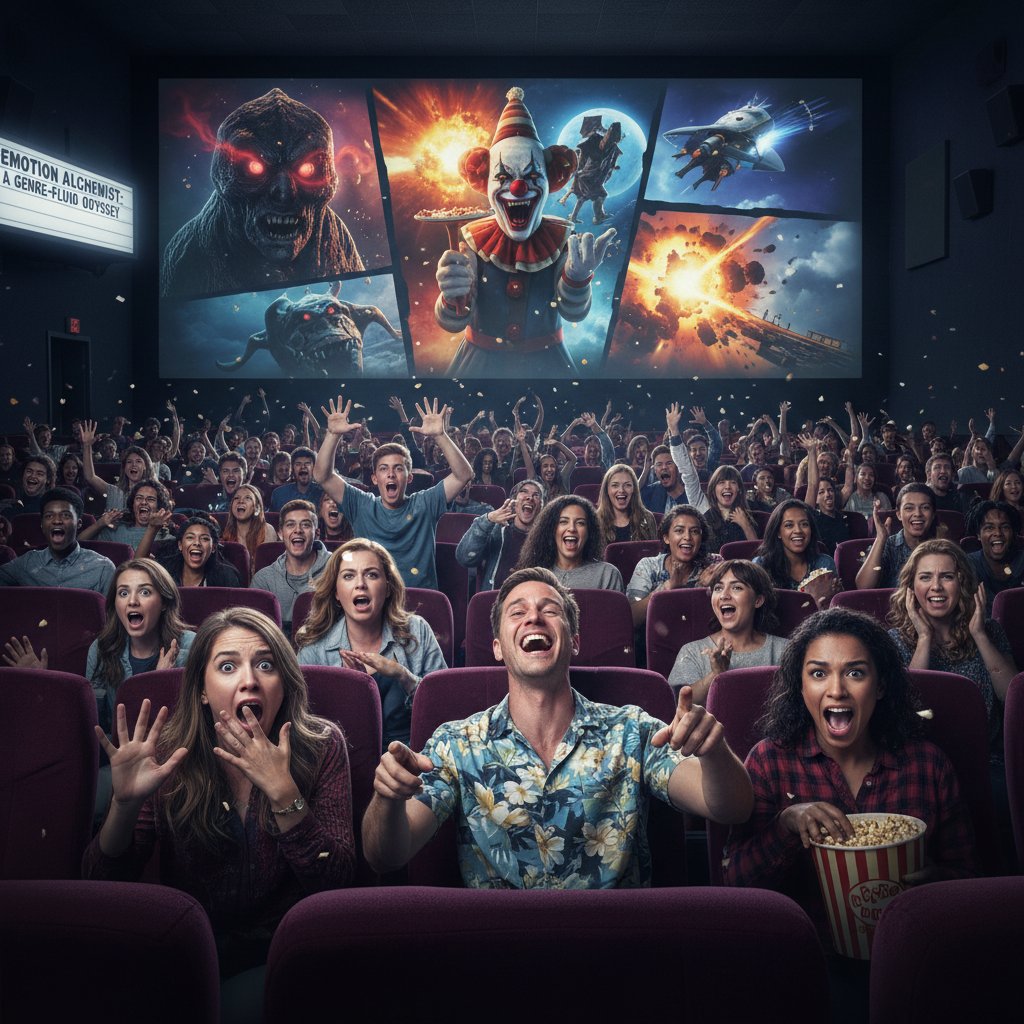 Photo collage of audience members showing surprise, laughter, and fear during a genre-mixed movie