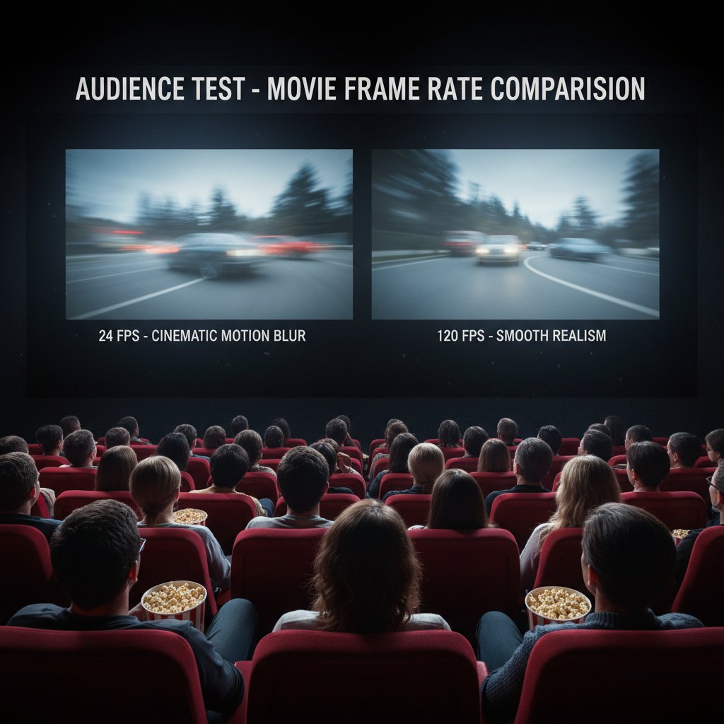 Audience members comparing movie scenes at different frame rates in a test screening