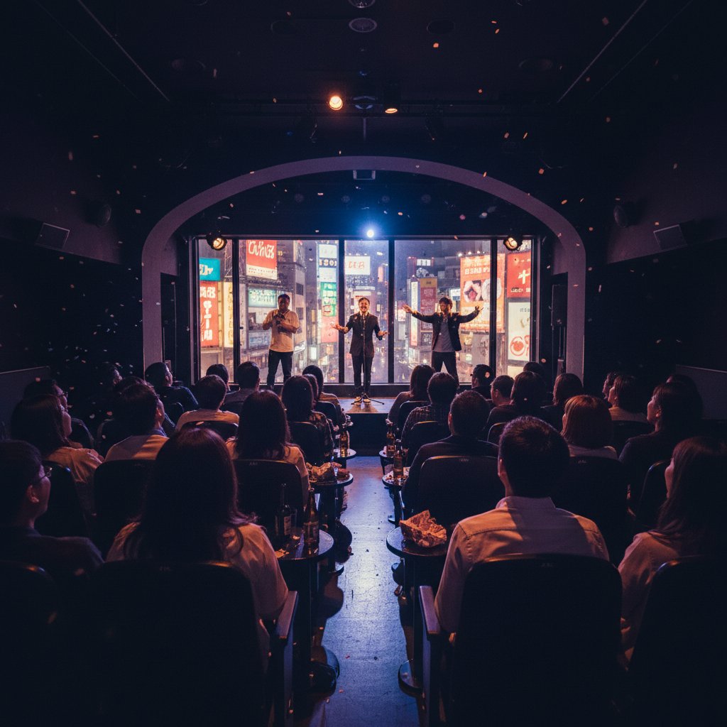 Audience reacting differently to a comedy scene in a Tokyo cinema, moody lighting, urban setting, movie lost in translation humor