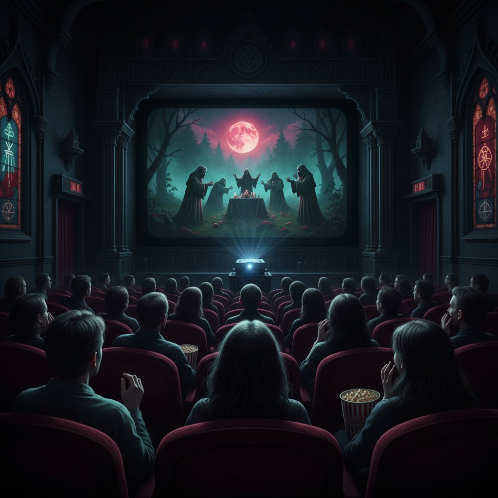 People watching occult movie, transfixed by supernatural symbols on cinema screen