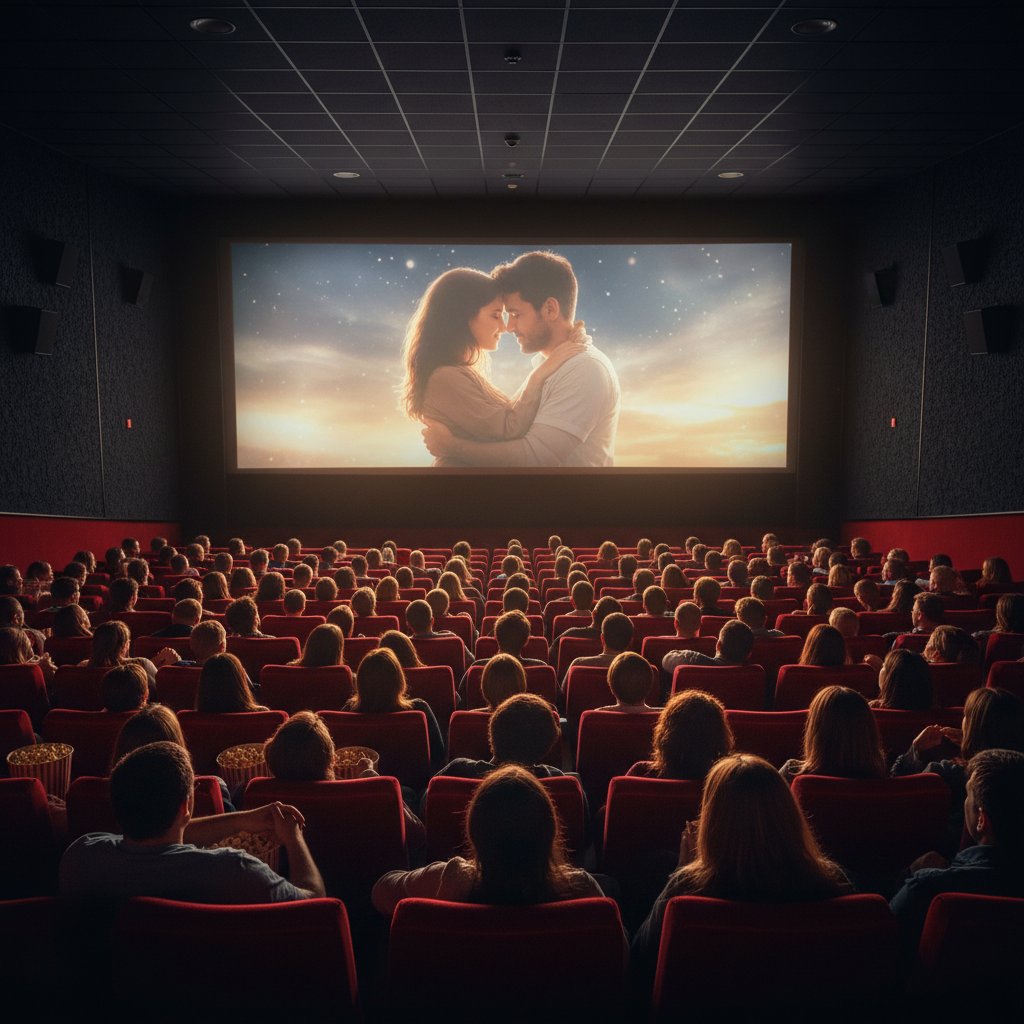 Movie audience watching a romantic scene, faces illuminated