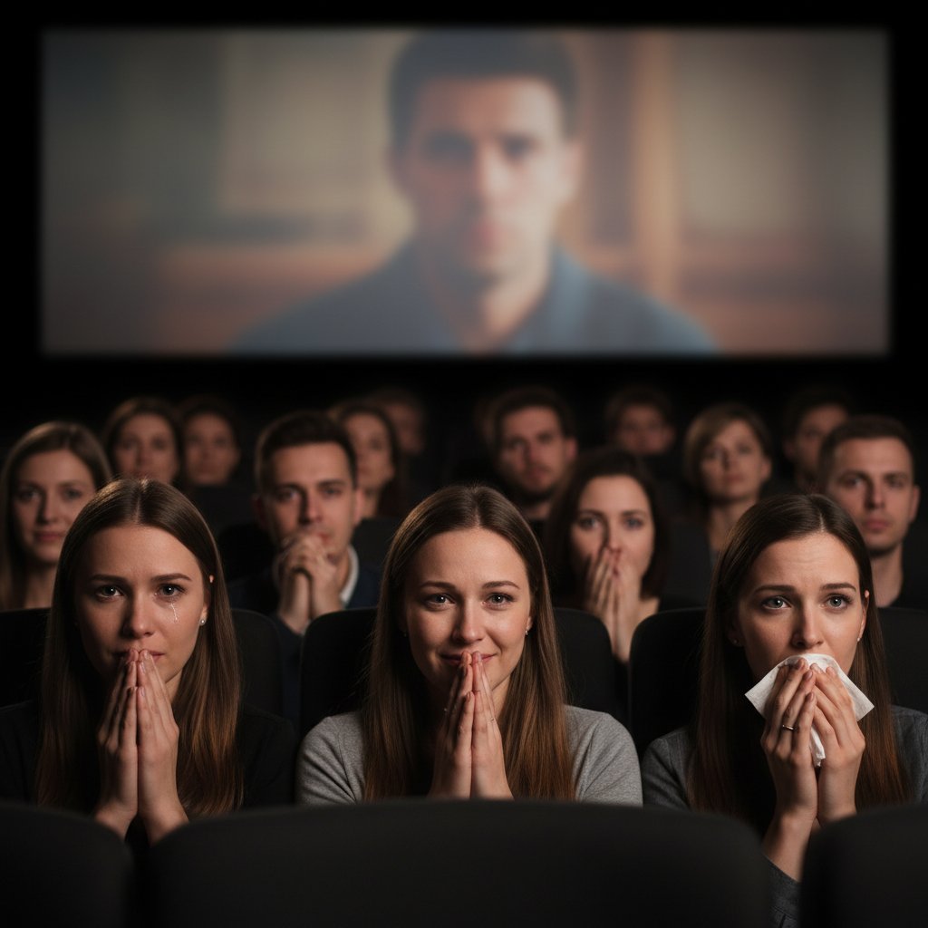 Two people watching a movie scene, both reacting emotionally to a subtle moment