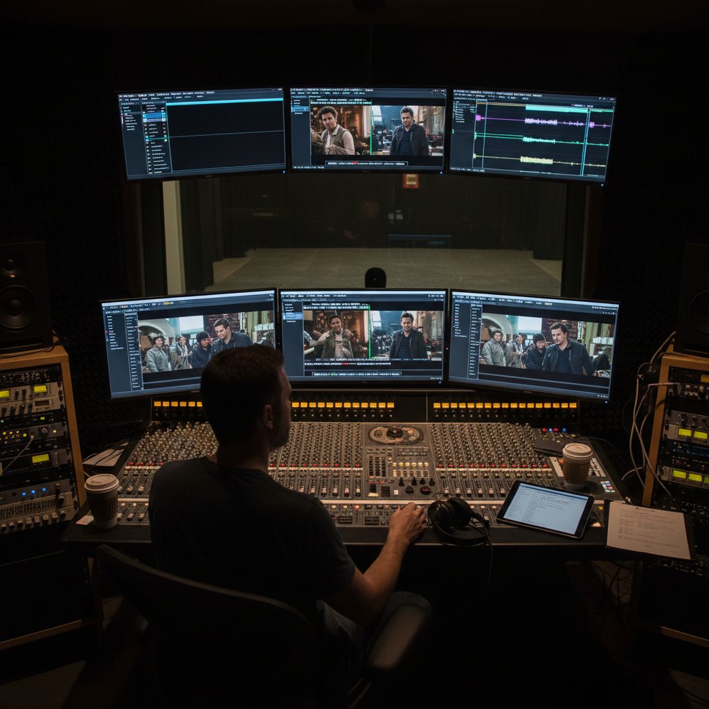 Audio engineer overlays foreign dialogue on a movie scene, representing movie international versions