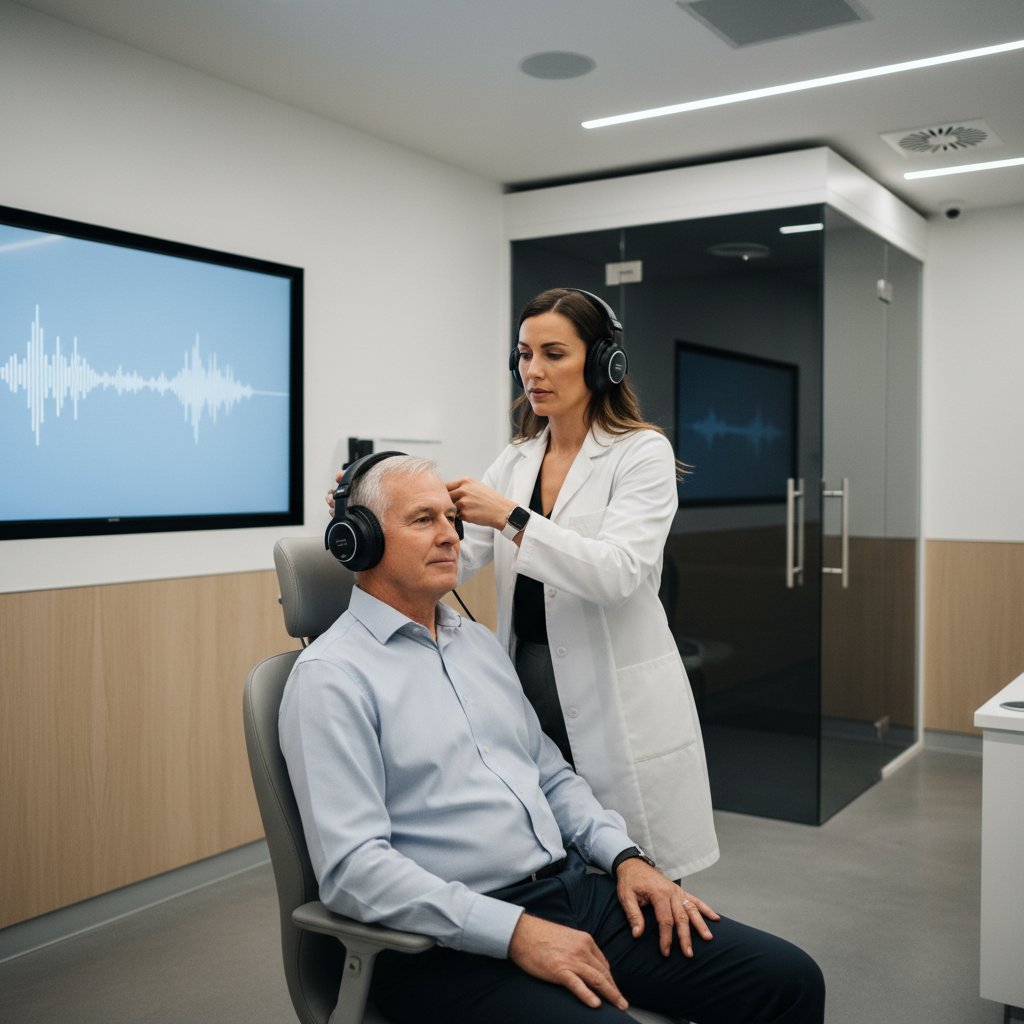 Audiolog testujący słuch pacjenta w klinice