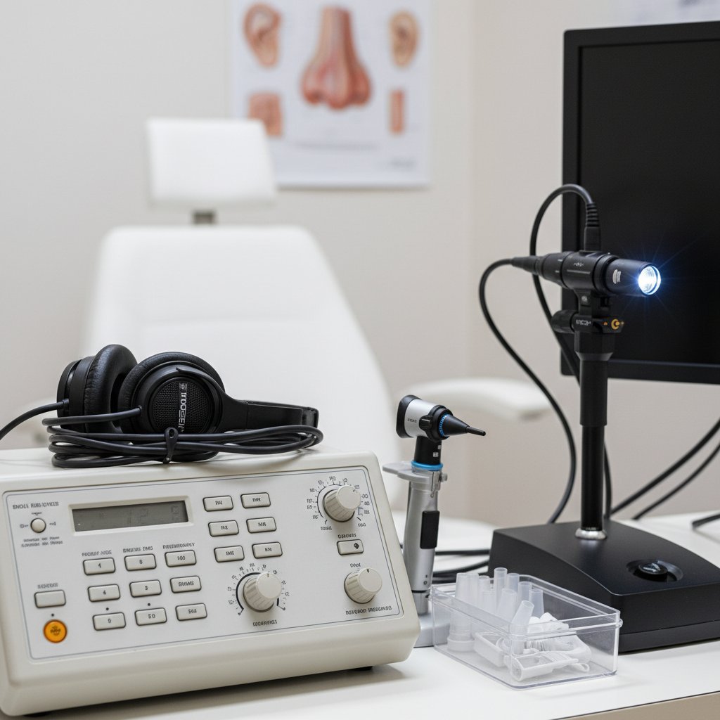 Sprzęt do audiometrii i endoskopii na biurku laryngologa, zbliżenie, profesjonalny gabinet