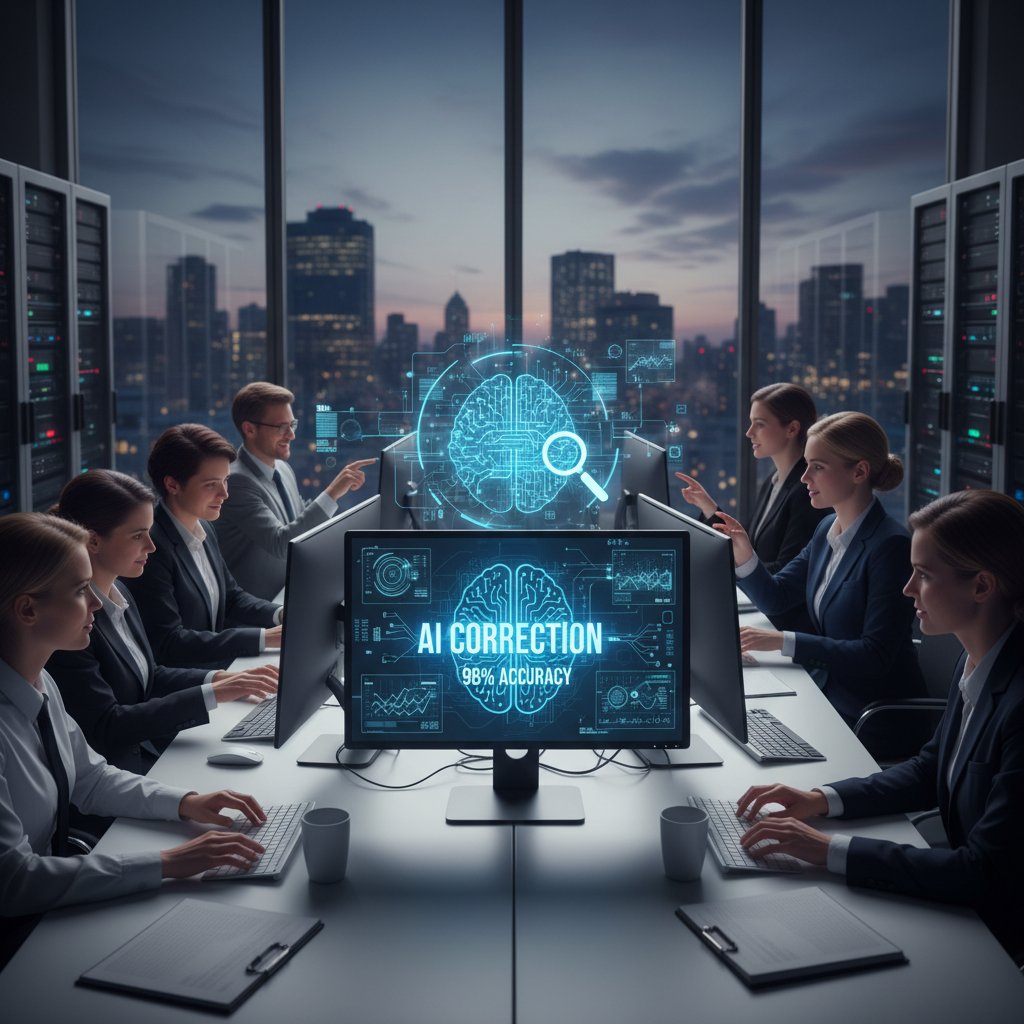 Zdjęcie zespołu audytorów analizującego dane na ekranach komputerów – audyt i korekta algorytmów AI