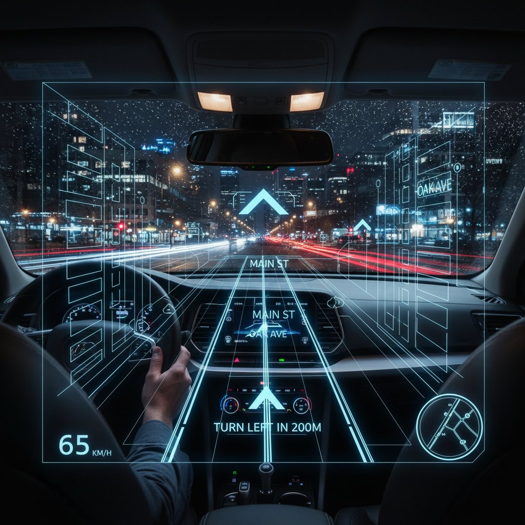 Augmented reality navigation overlay on car windshield, city driving at night
