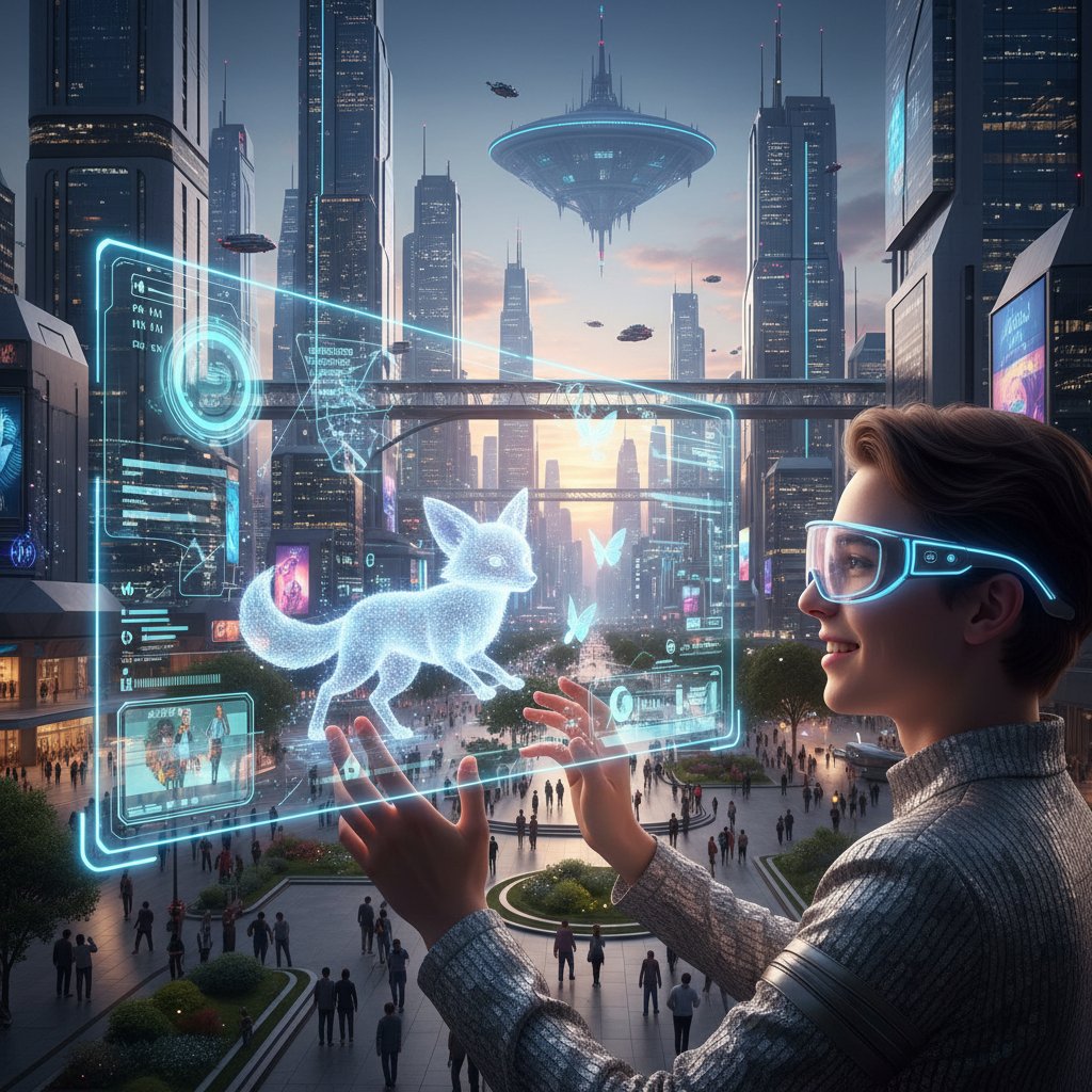 Osoba korzysta z rozszerzonej rzeczywistości i wirtualnego kompana w futurystycznym mieście, trend cyfrowego wellness