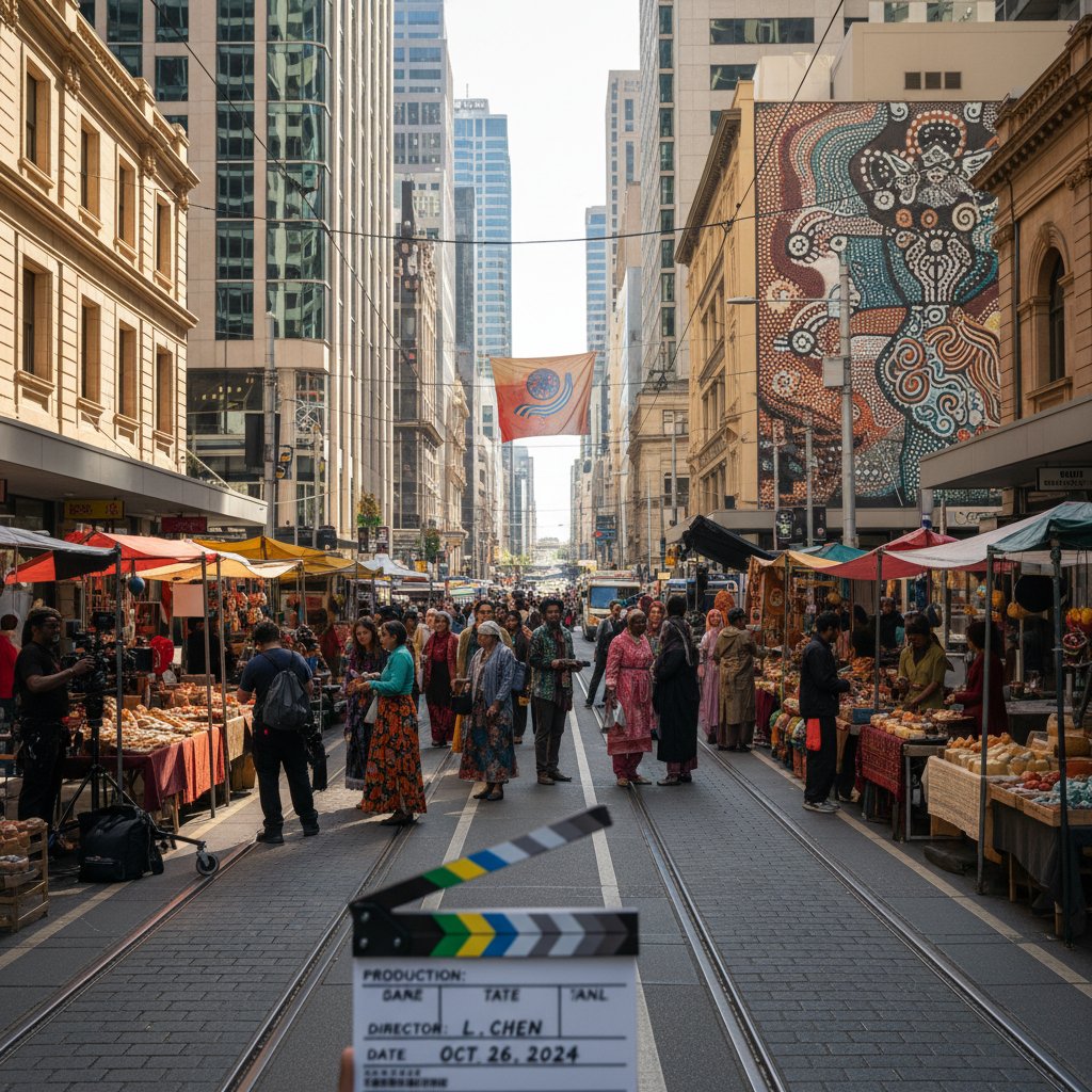 Diverse Australian movie cast on urban set, blending cultures and generations