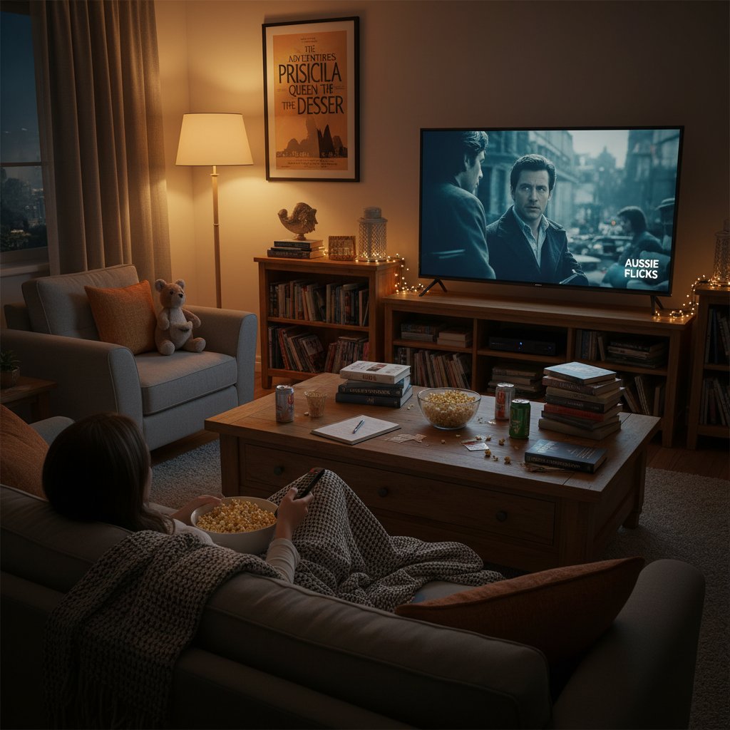 Young person with film books and popcorn, streaming Australian movie at home