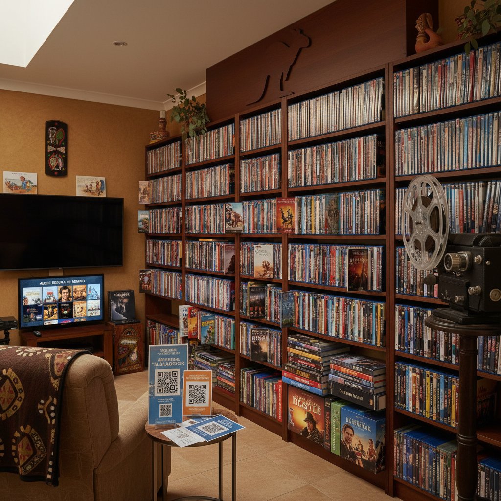 Film library shelf, “Australian Movies” section, stacks of DVDs and streaming codes