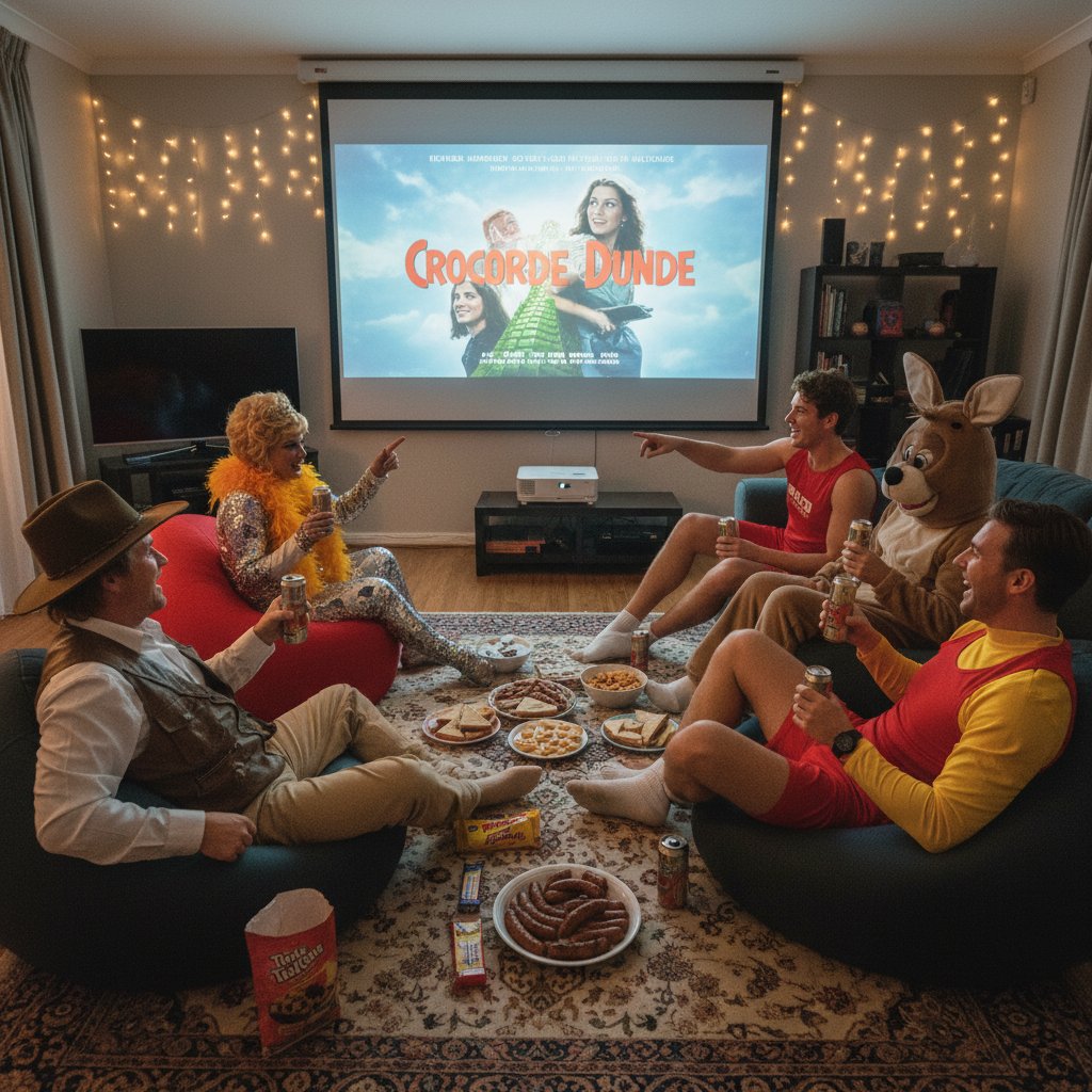 Home movie night, friends in costumes, Australian movie streaming, snacks and decorations