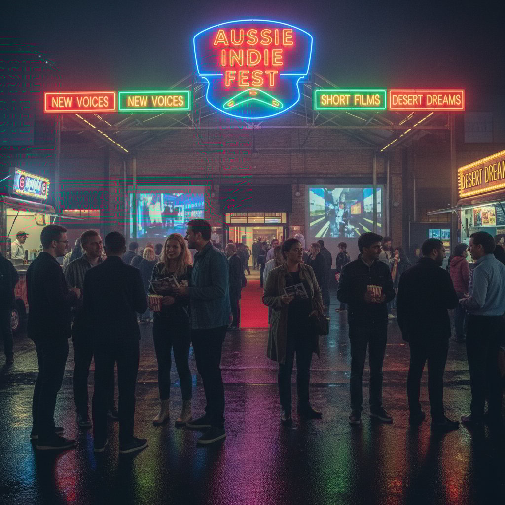 Indie Australian film festival, diverse crowd, neon lights, poster wall