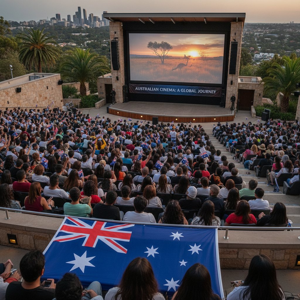 International movie audience, diverse crowd laughing and gasping, Australian flag visible