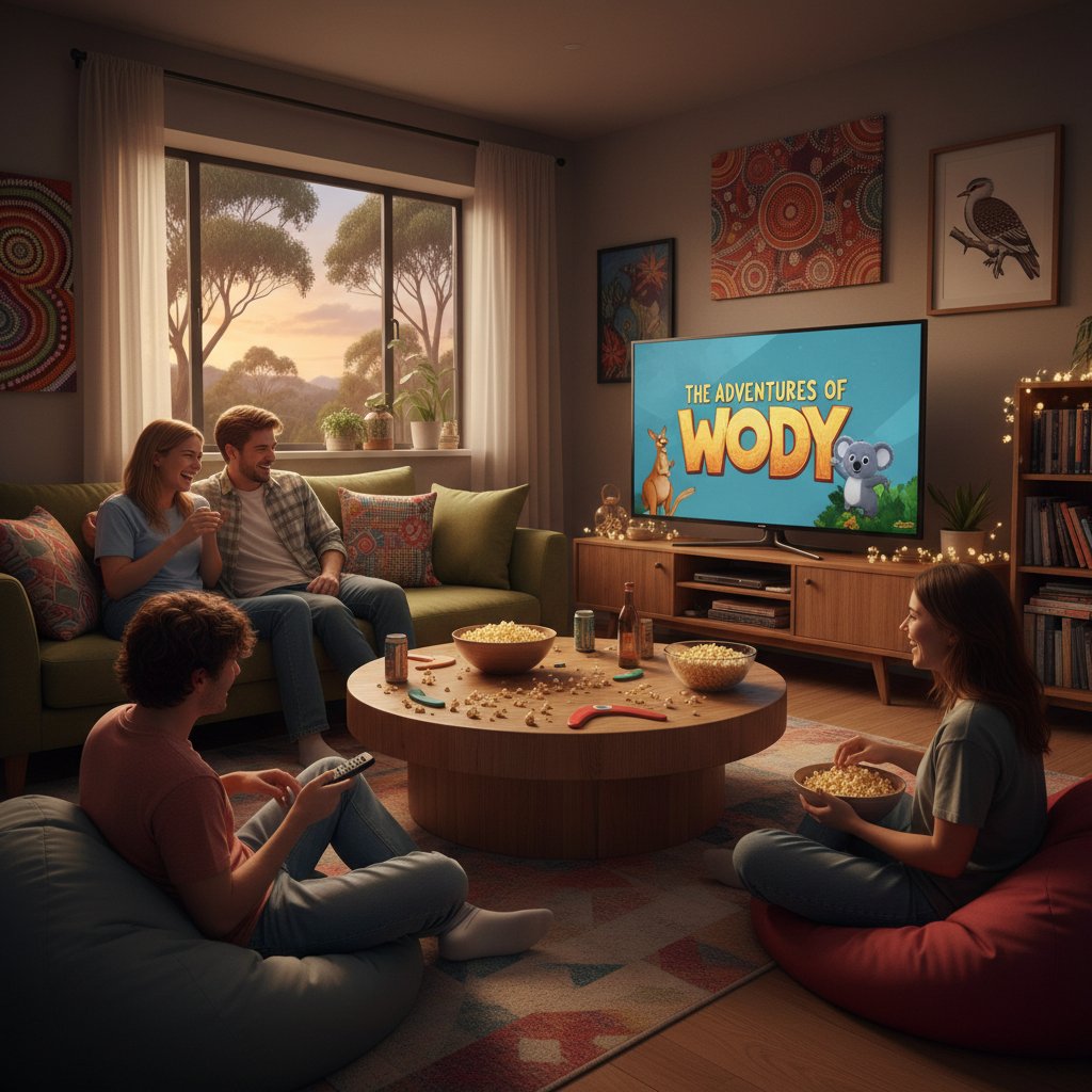 Cozy living room setup, large TV showing Australian film, popcorn and friends watching