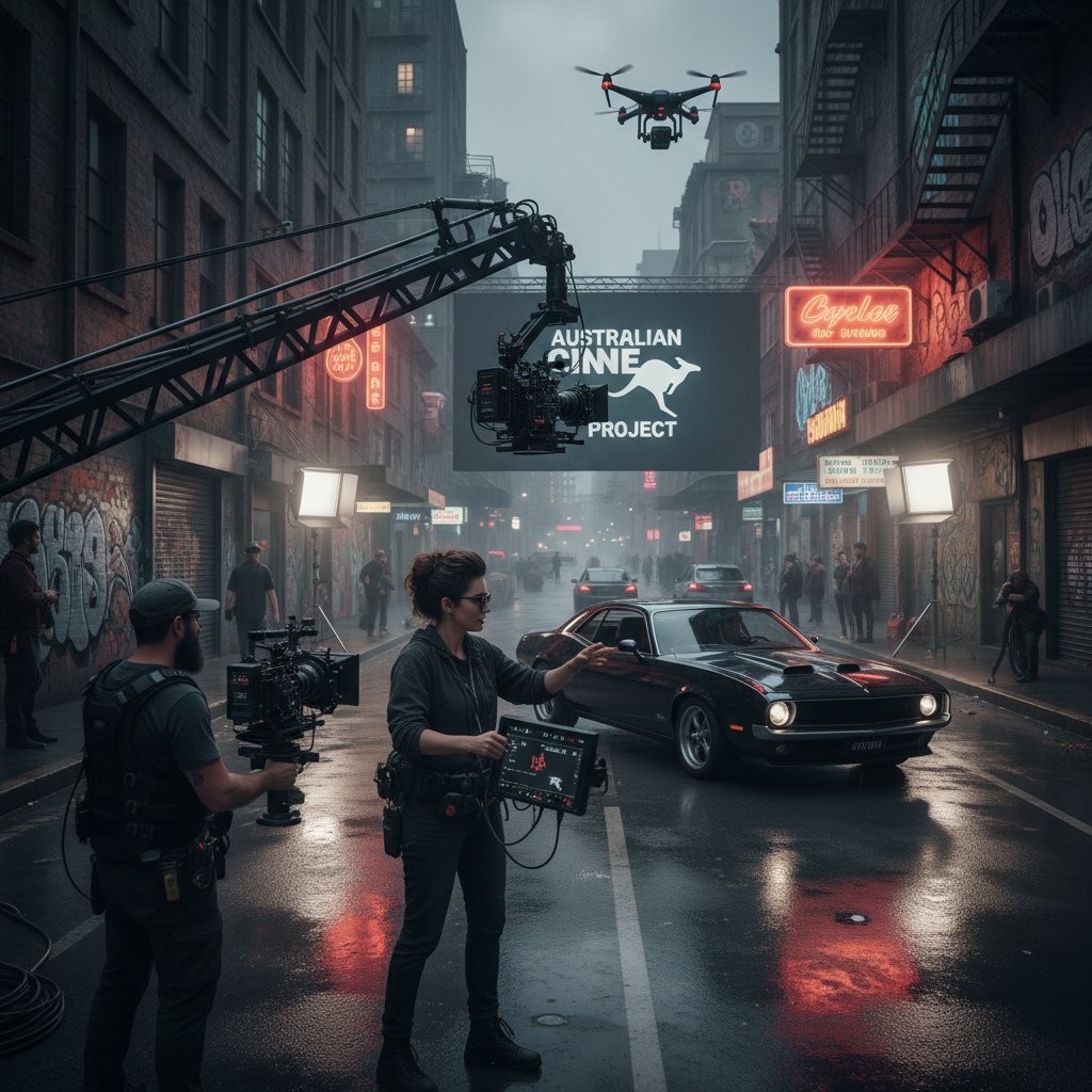 Contemporary Australian director on urban film set, crew preparing camera and lighting