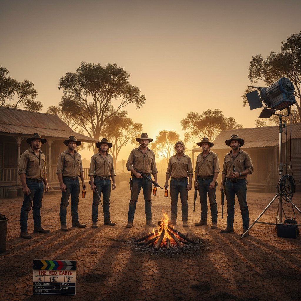 Outback movie set, gritty Australian cast walking through rural town, moody dusk light