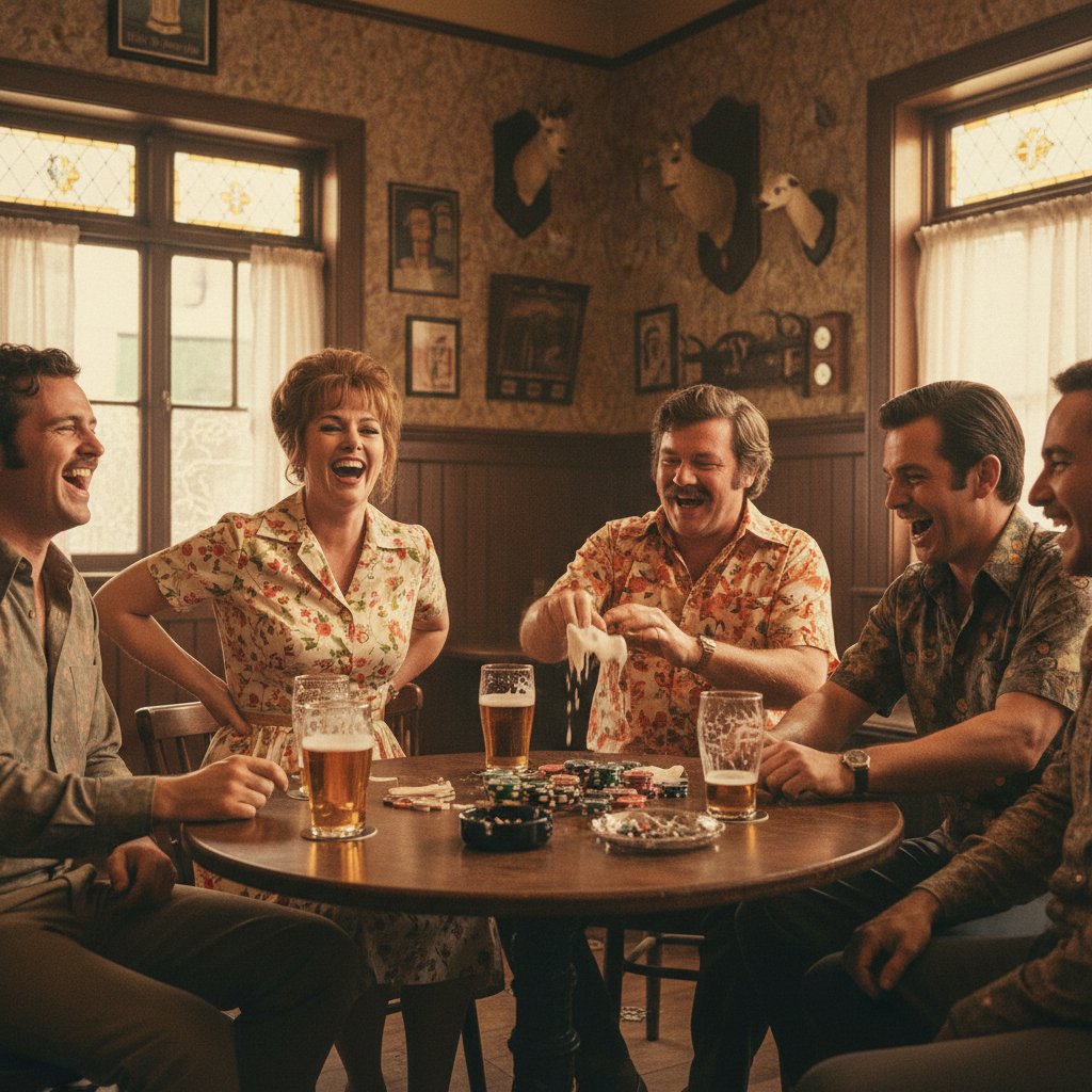 Vintage Australian comedy film scene, actors in retro costumes at a lively pub