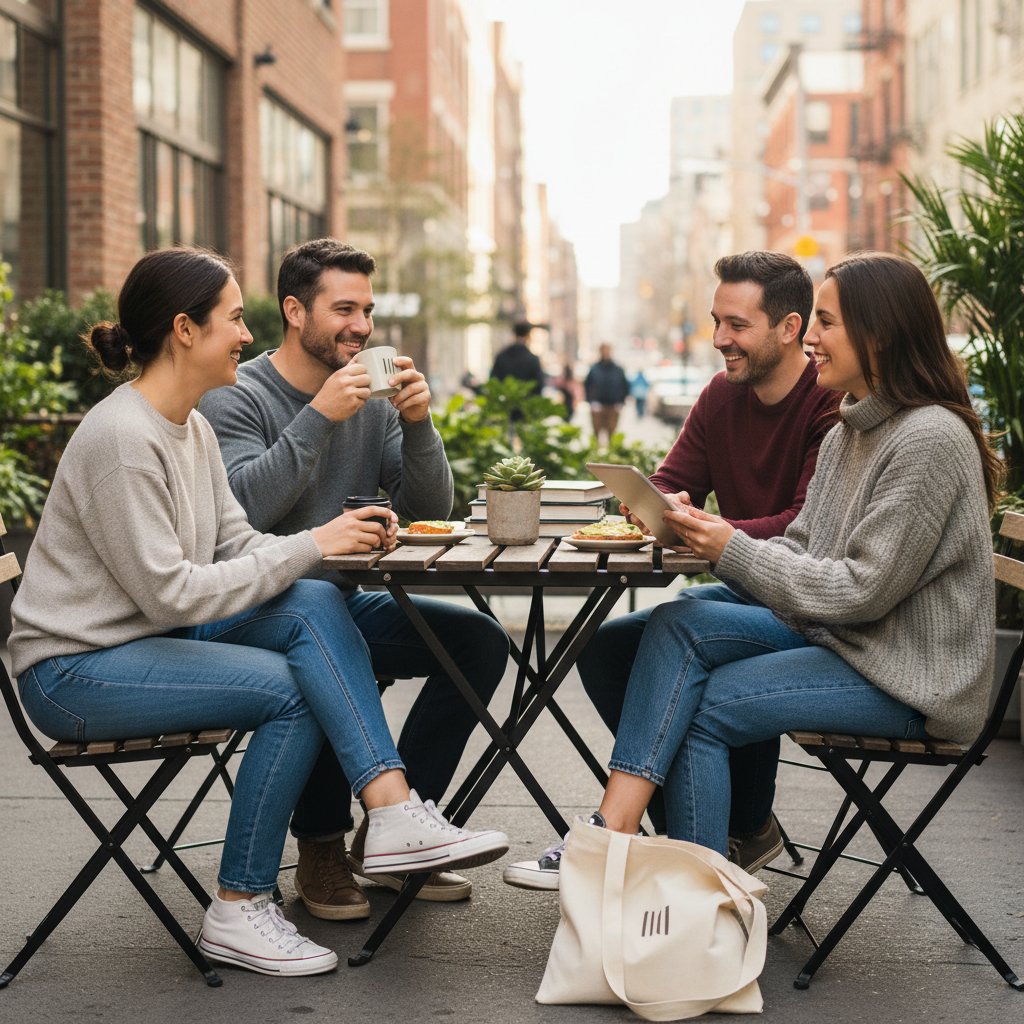Autentyczność w komunikacji marki online – prawdziwi ludzie rozmawiający na tle logotypu marki, swobodna atmosfera