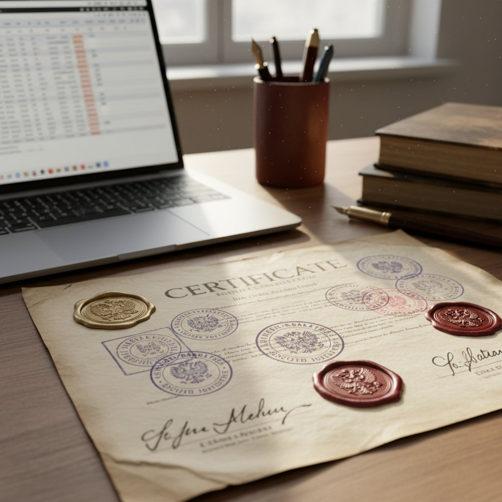 Prawdziwy dokument certyfikatu z pieczęciami i podpisami, leżący na biurku z laptopem