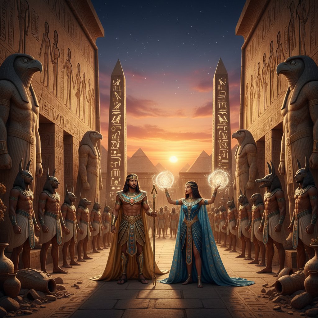 Authentic set design in an Egyptian mythology movie, featuring historically accurate costumes and real hieroglyphs