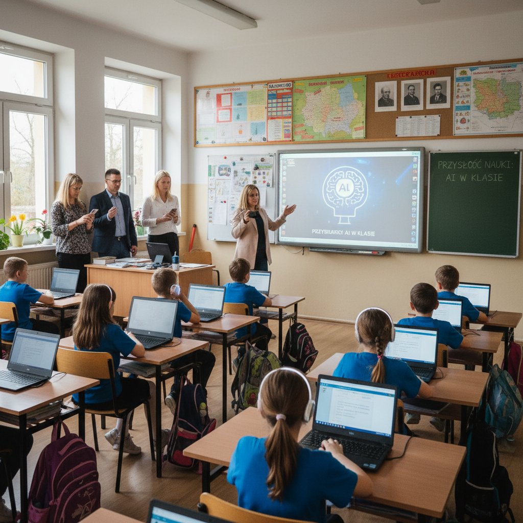 Polska klasa – nauczyciel i rodzice obserwują uczniów podczas rozmowy z AI