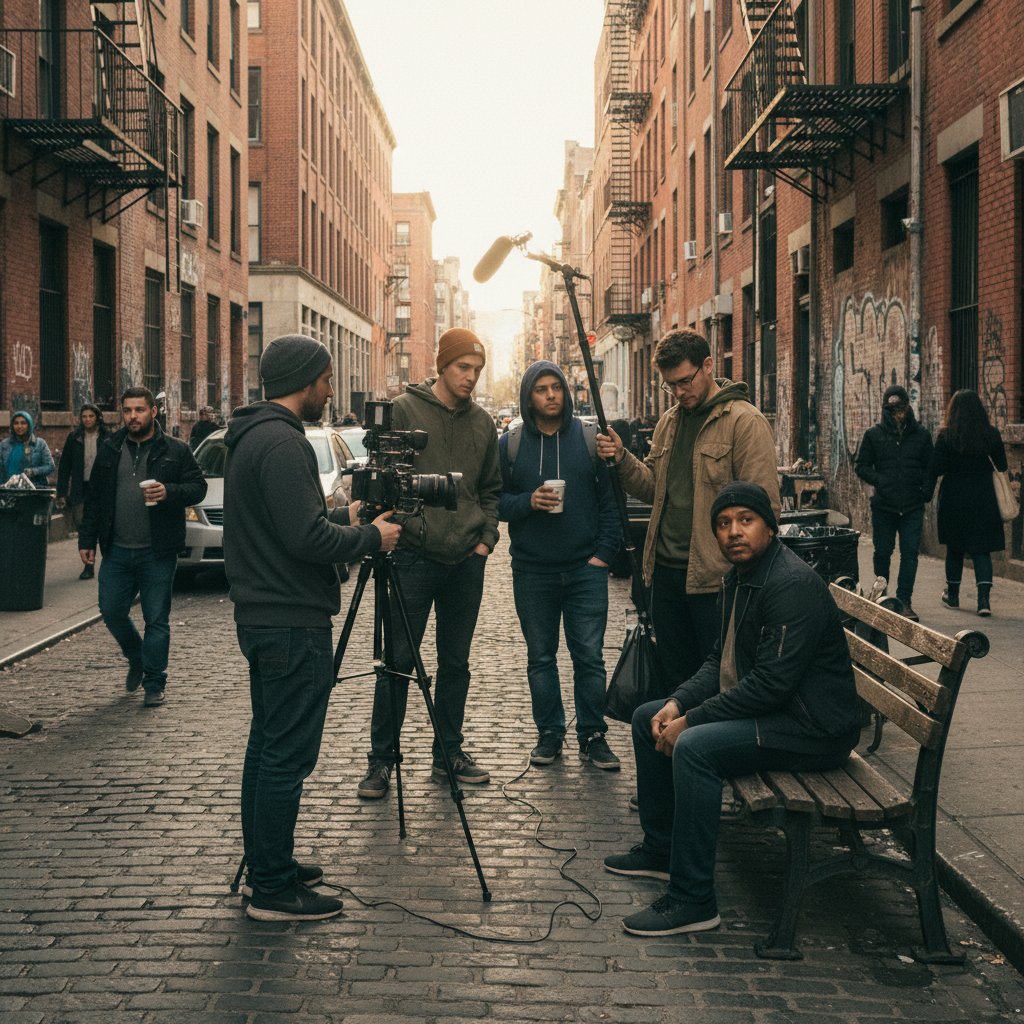 Authentic urban street scene captured during guerrilla filmmaking, with real people and unfiltered emotion