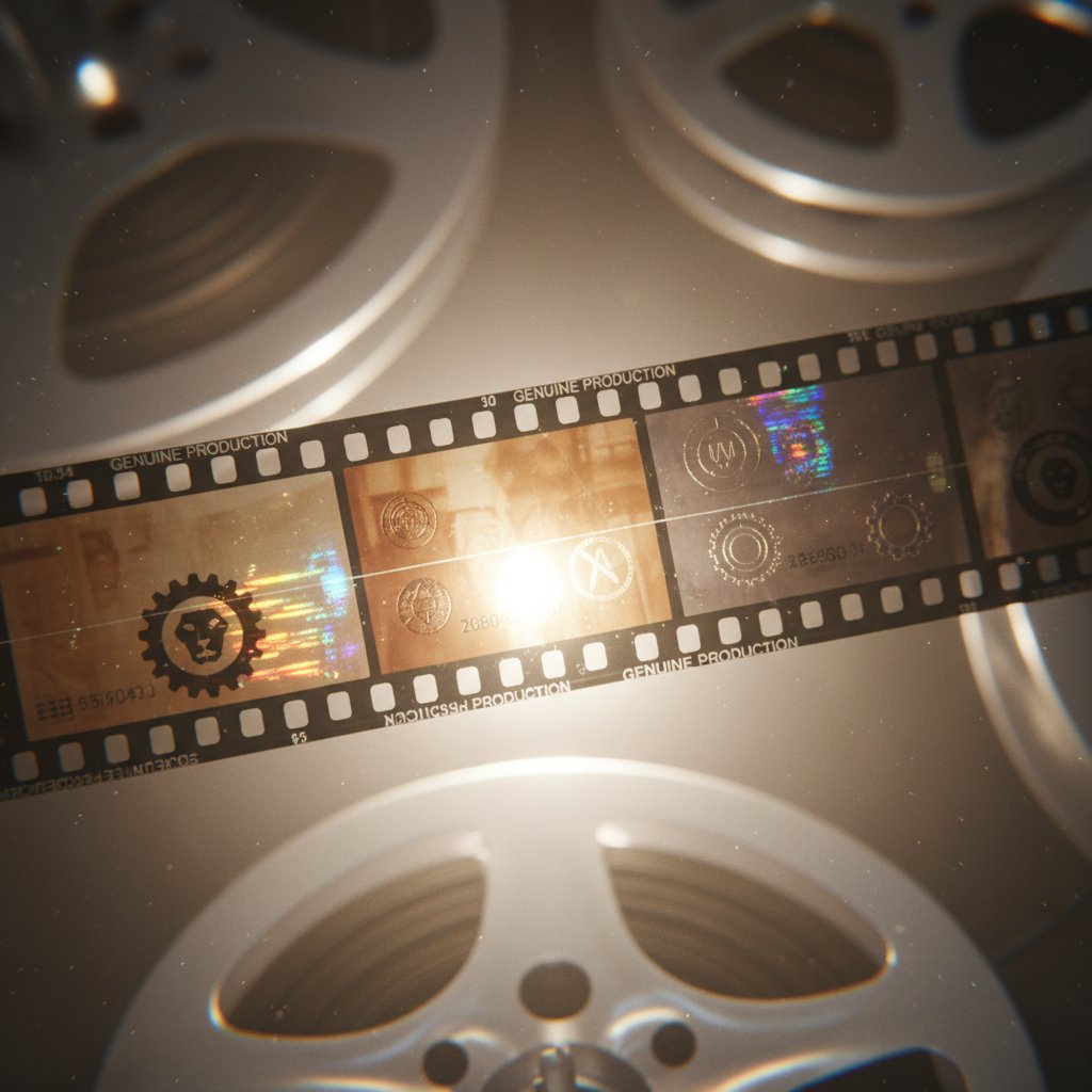 Macro shot of authenticity marks on physical media, authentic movie studio collection