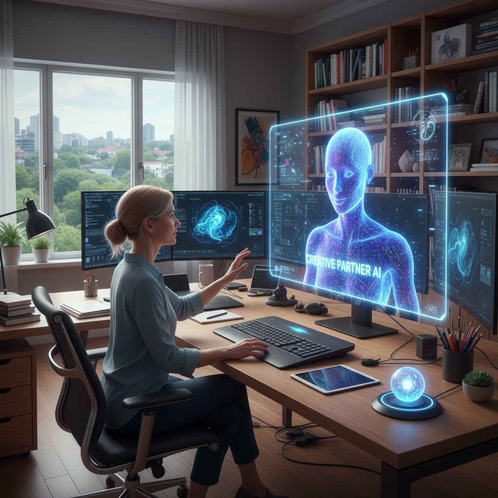 Autor rozmawiający z wirtualnym bohaterem w domowym biurze, AI jako partner twórczy