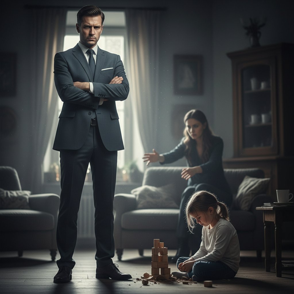 Zdjęcie starszego członka rodziny z surowym wyrazem twarzy, siedzącego naprzeciw młodszego członka z opuszczoną głową