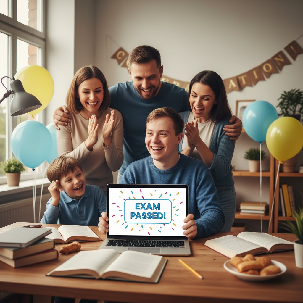 Osoba z autyzmem świętująca sukces z rodziną po zdanym egzaminie, laptop na stole, uśmiechy