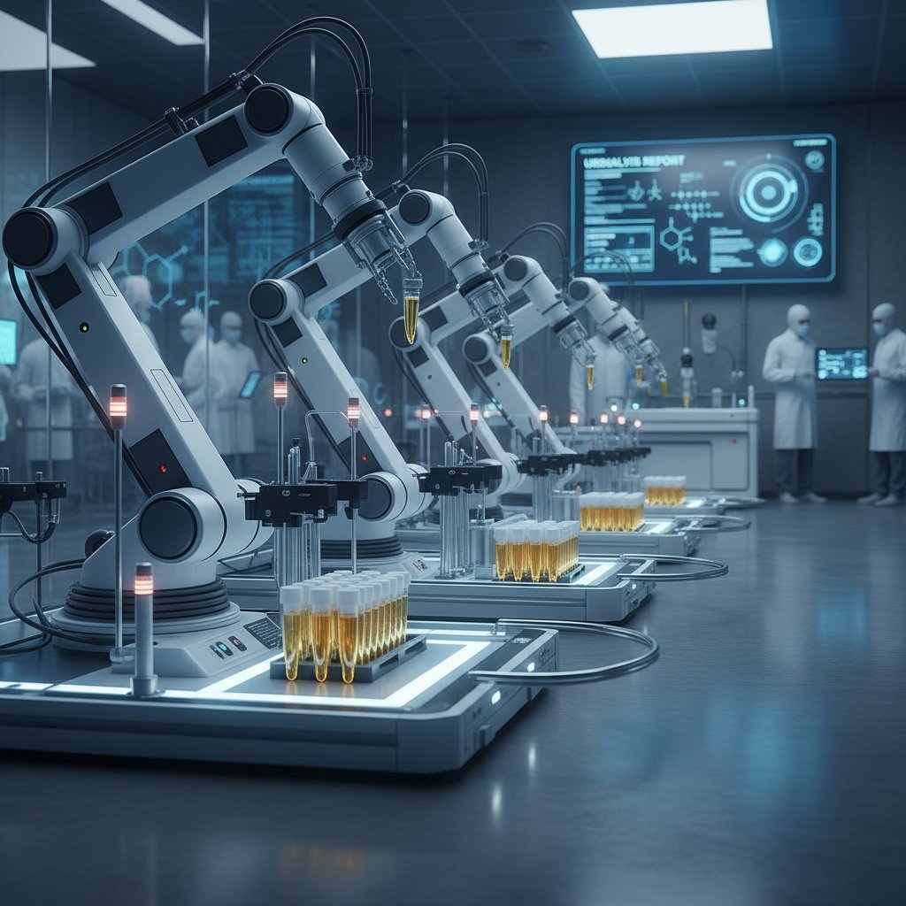 Nowoczesne laboratorium zautomatyzowane, roboty analizujące próbki moczu, cyfrowe wyświetlacze