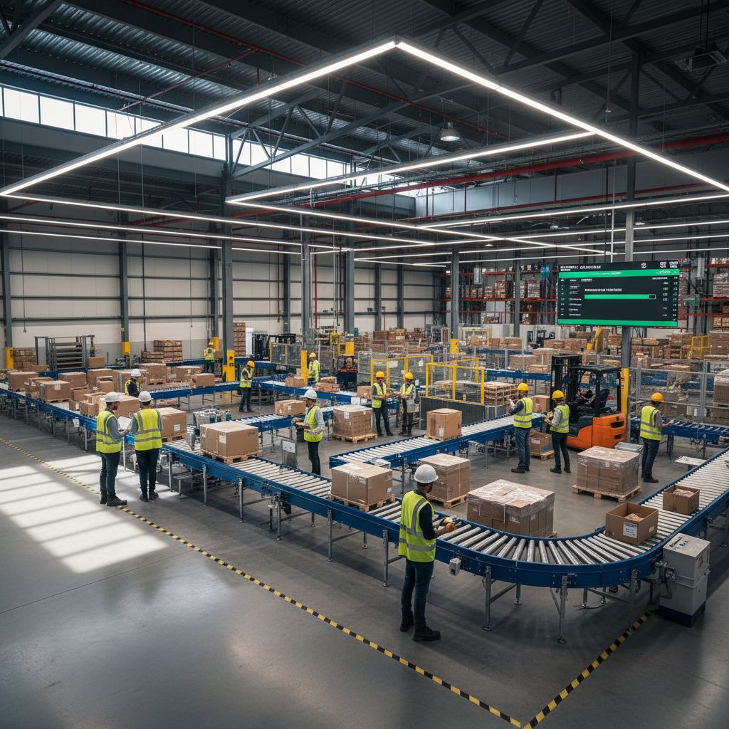 Automatyczne linie transportowe i pracownicy w nowoczesnym magazynie