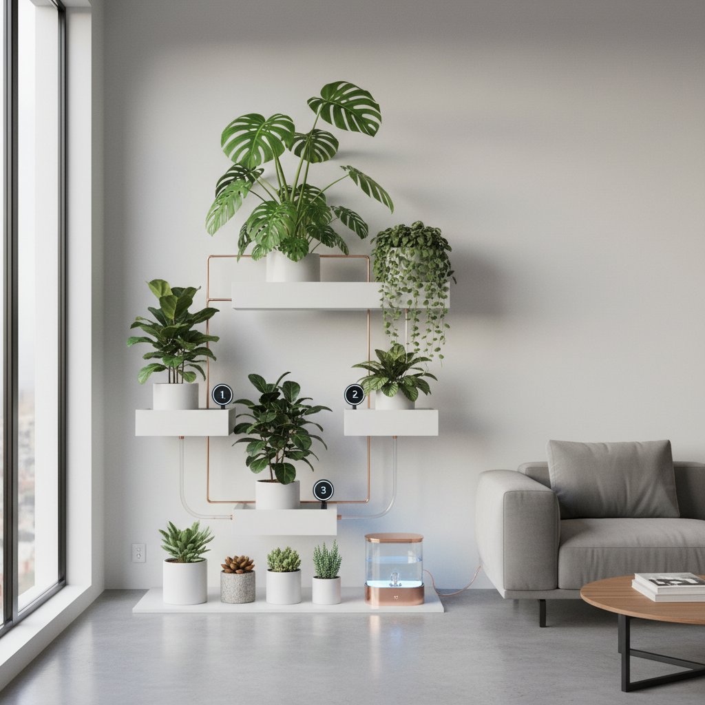 Zbliżenie na różne typy automatycznych systemów podlewania w nowoczesnym wnętrzu