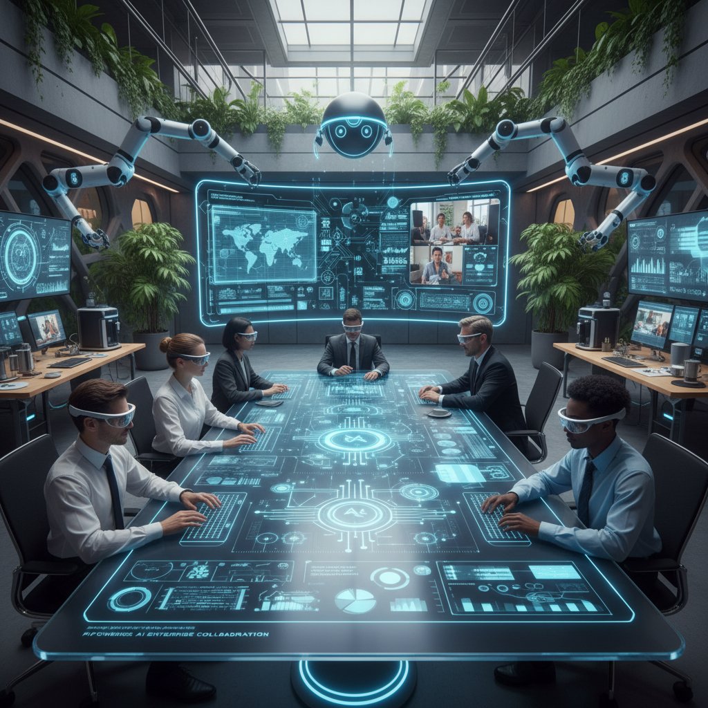 Autonomous AI systems working alongside enterprise teams, showing seamless collaboration in a futuristic office