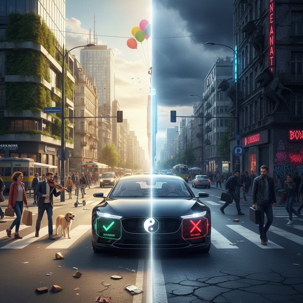 Zdjęcie przedstawiające autonomiczny samochód na ruchliwym skrzyżowaniu, symbolizujące wybór między dobrem a złem