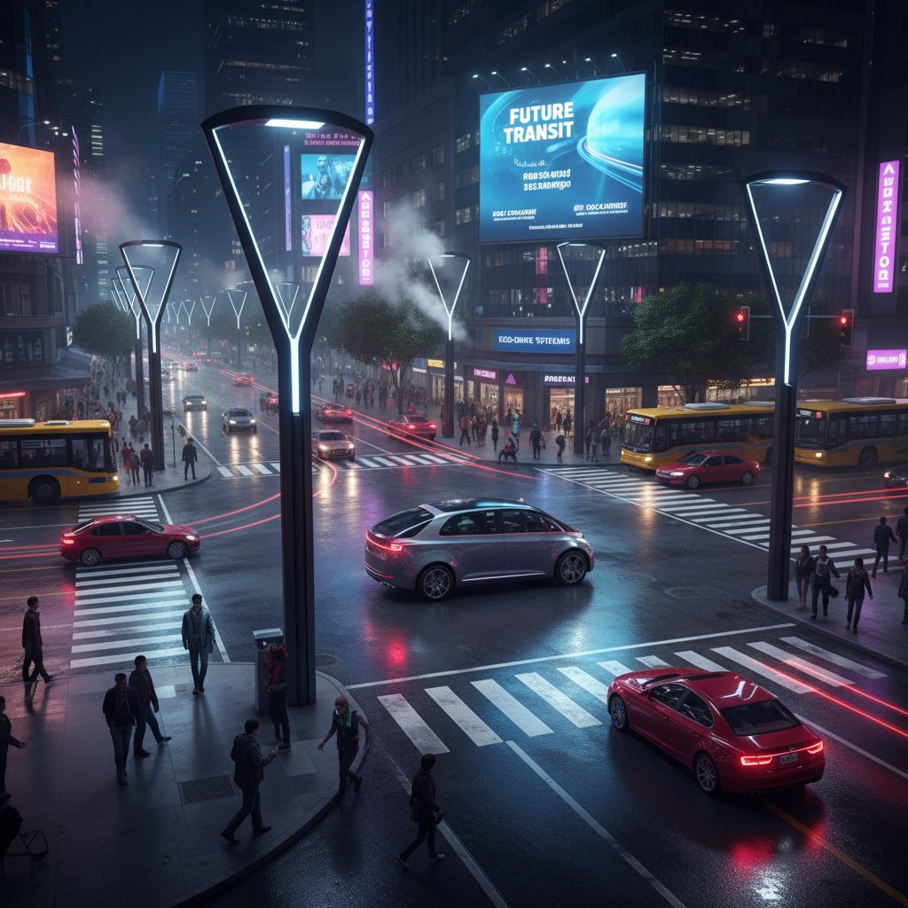 Autonomiczny samochód na zatłoczonym skrzyżowaniu, noc, dramatyczne światło uliczne