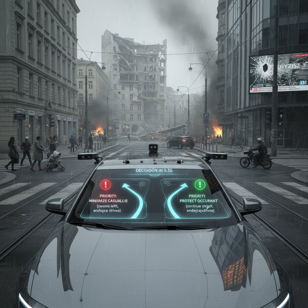 Zdjęcie przedstawiające autonomiczny samochód w sytuacji kryzysowej, symbolizujące dylemat moralny maszyny