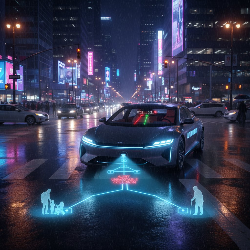 Autonomiczny samochód na skrzyżowaniu w centrum miasta – moment dylematu