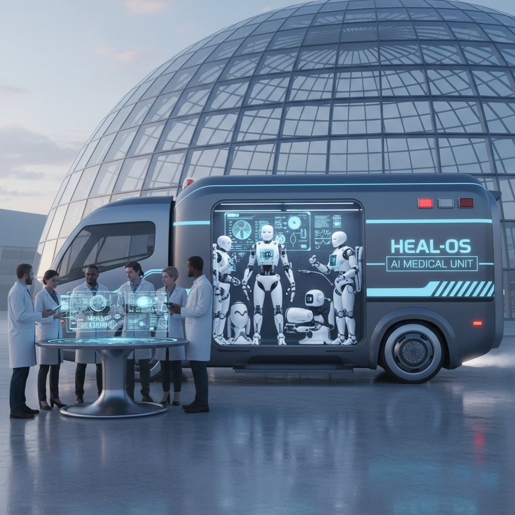 Autonomiczny samochód i robot w szpitalu, otoczeni przez ludzi analizujących dane