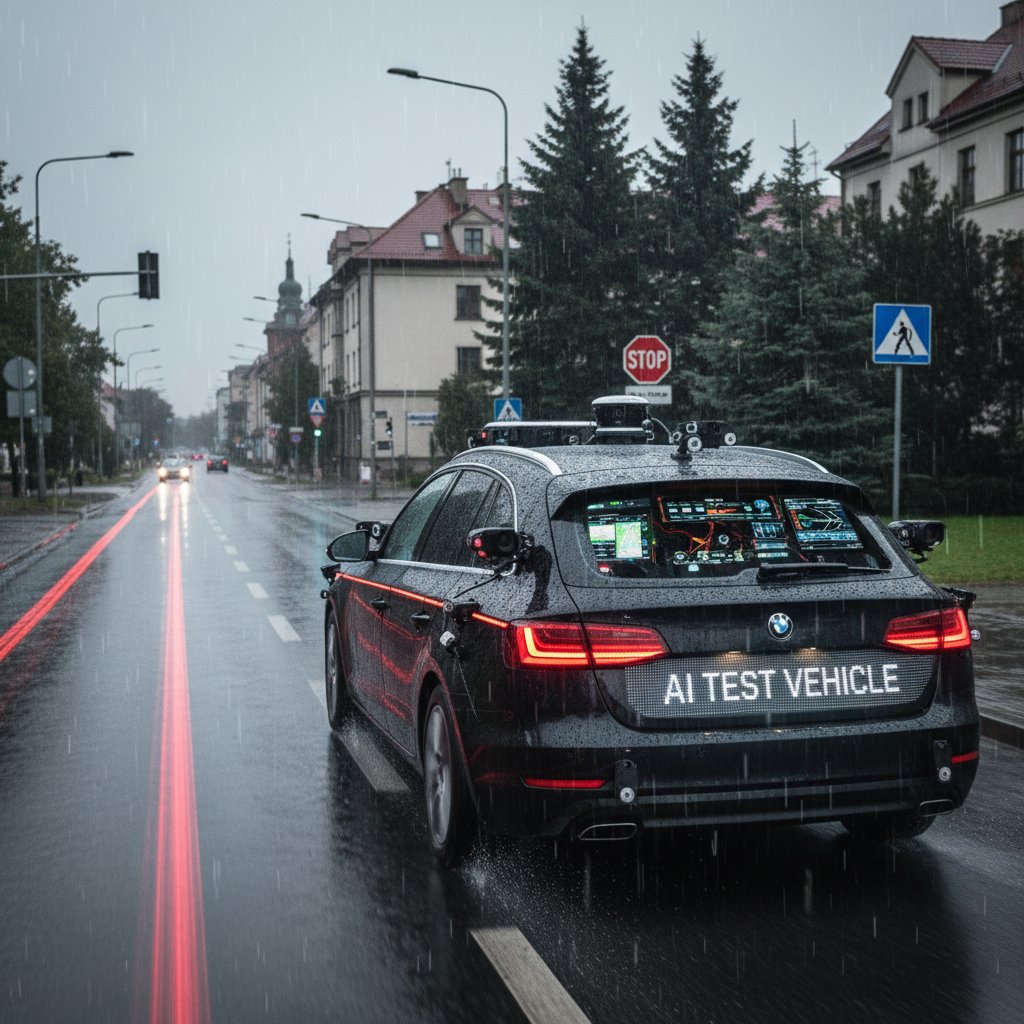 Autonomiczny samochód na polskiej drodze w deszczu, podczas testu systemu AI